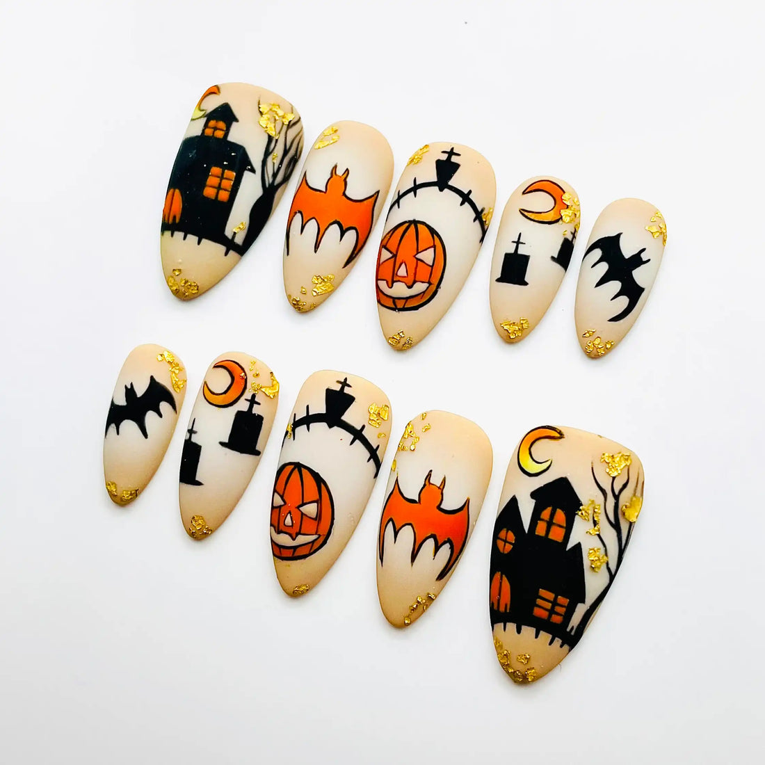 Handmade Halloween Haunted House Pumpkin Bat Gold Press on Nails C09