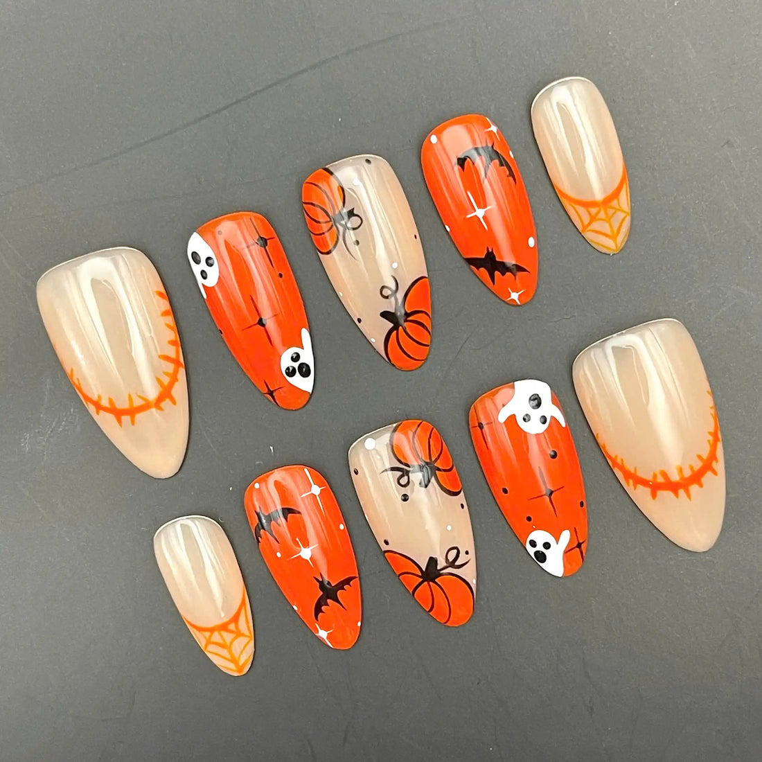 Handmade Halloween Pumpkin Ghost Bat Orange Autumn Spooky Press on Nails M76
