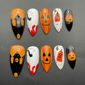 Handmade Halloween Pumpkin Ghost Haunted House Spooky Press on Nails R51