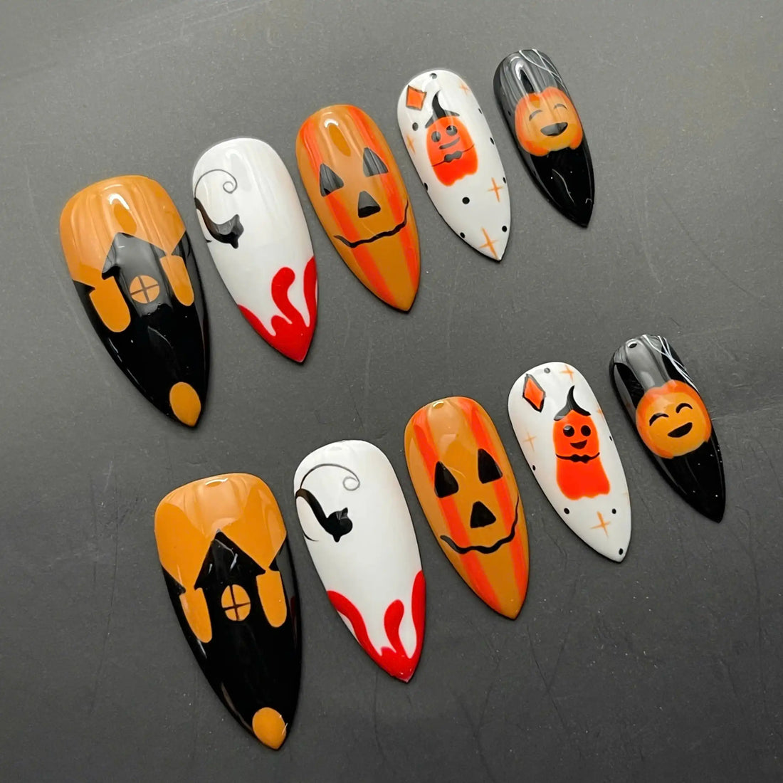 Handmade Halloween Pumpkin Ghost Haunted House Spooky Press on Nails R51