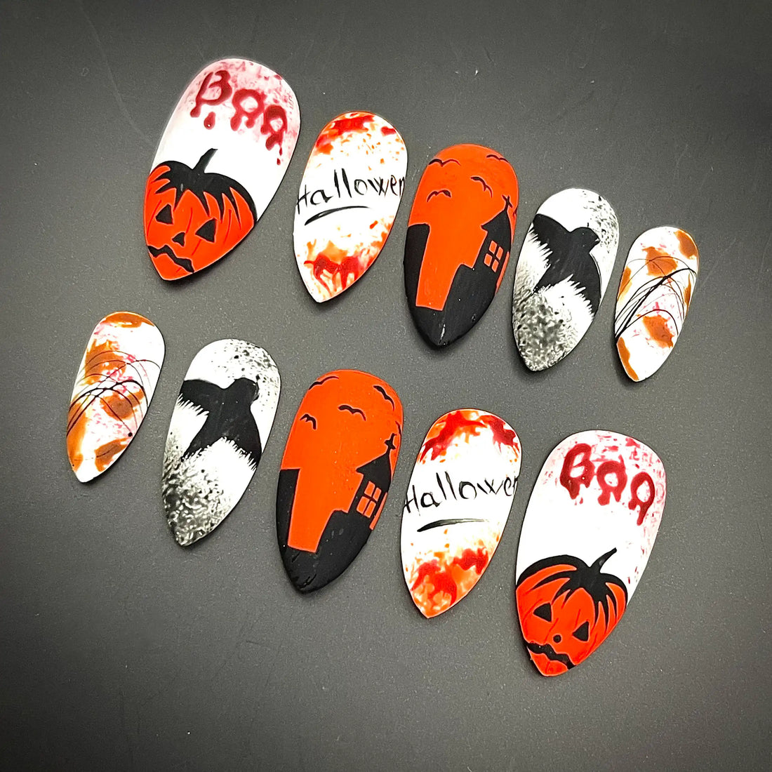 Handmade Halloween Pumpkin Haunted House Bat Crow Bloody Press on Nails O45