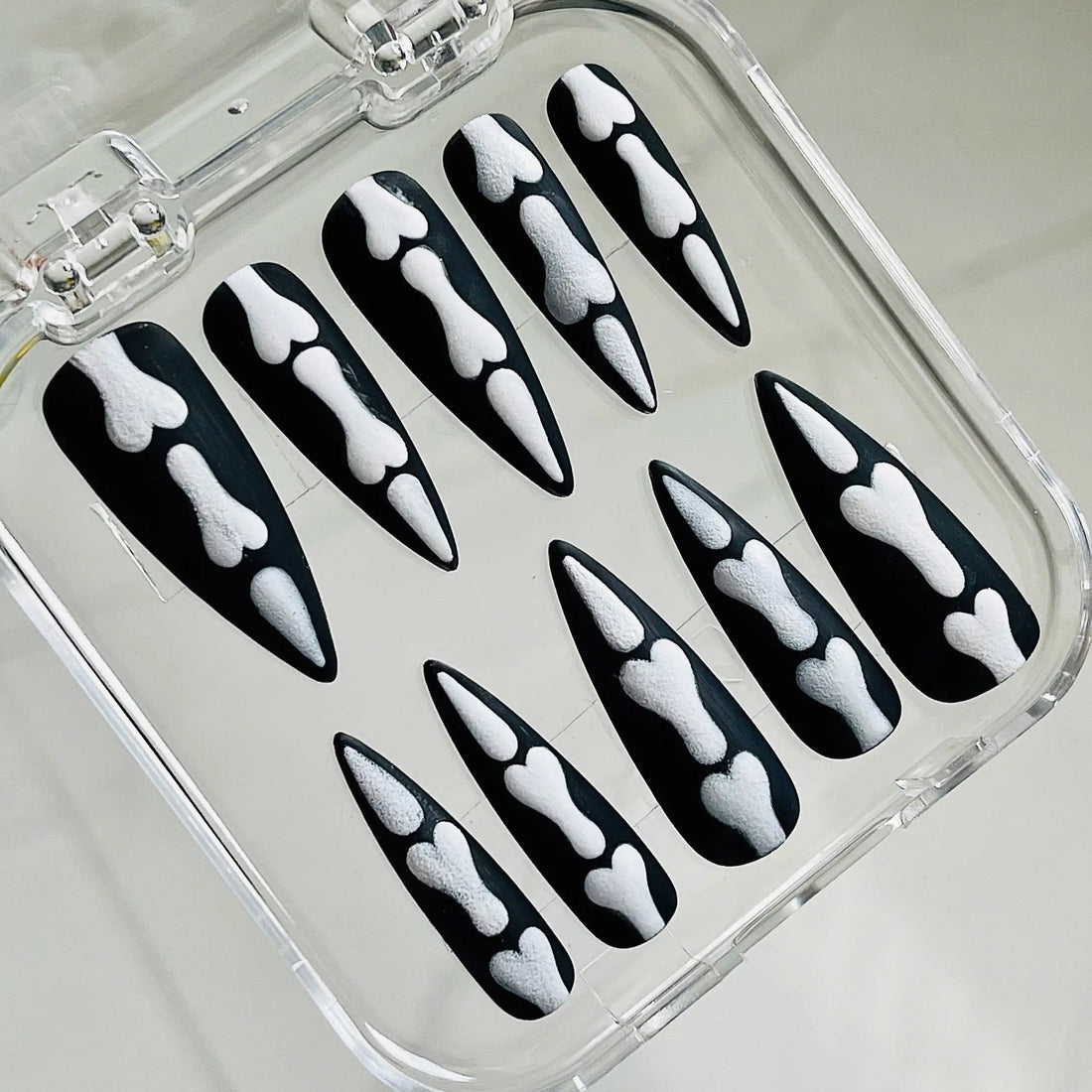 Handmade Halloween Skeleton Bone Black White Spooky Press on Nails B60