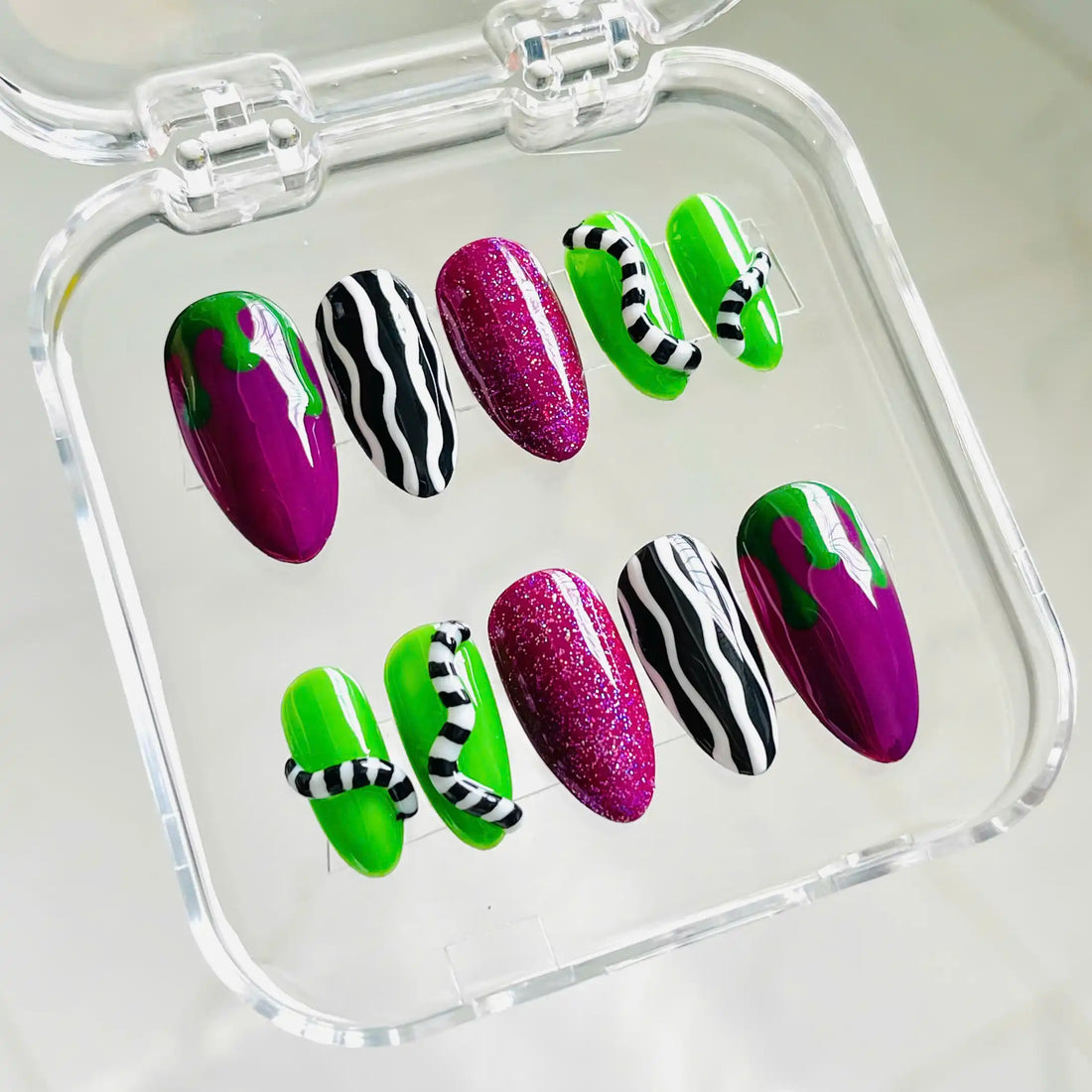 Handmade Halloween Slime Stripe Glitter Purple Green Spooky Press on Nails M56