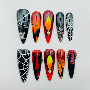 Infernal Web | Handmade Spooky Fire Blood Spiderweb Press-On Nails