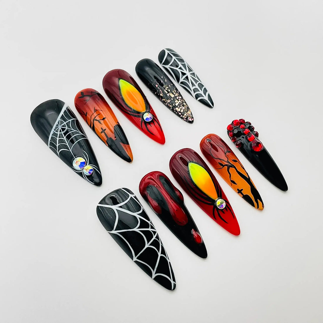 Handmade Halloween Spider Web Fire Blood Unique Press on Nails F03