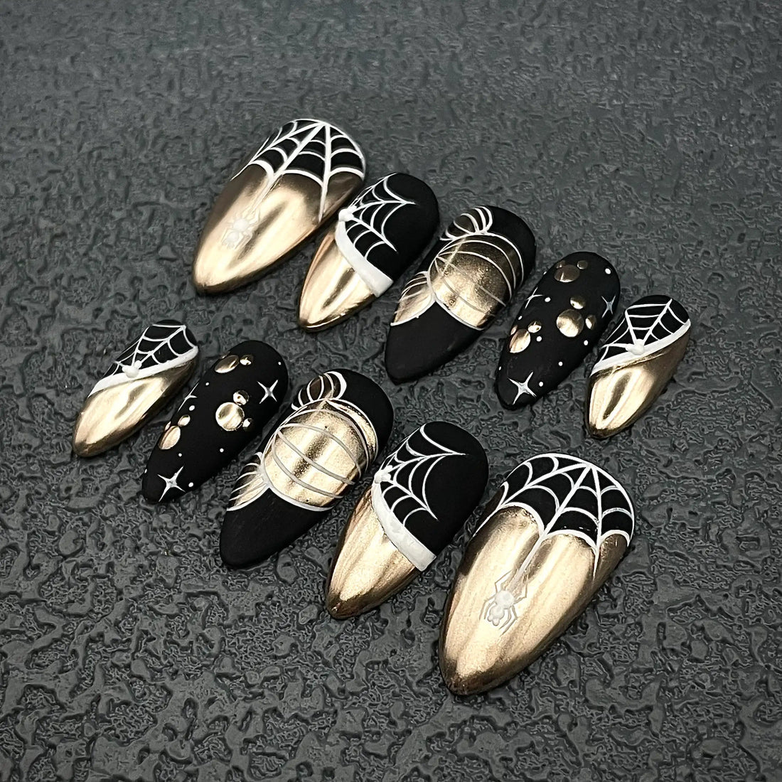 Handmade Halloween Spider Web Gold Black Gothic Unique Press on Nails P84