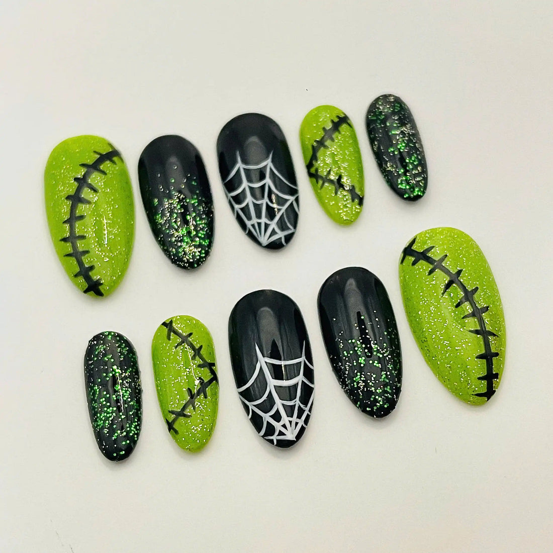 Handmade Halloween Stitches Spider Web Green Glitter Spooky Press on Nails S43