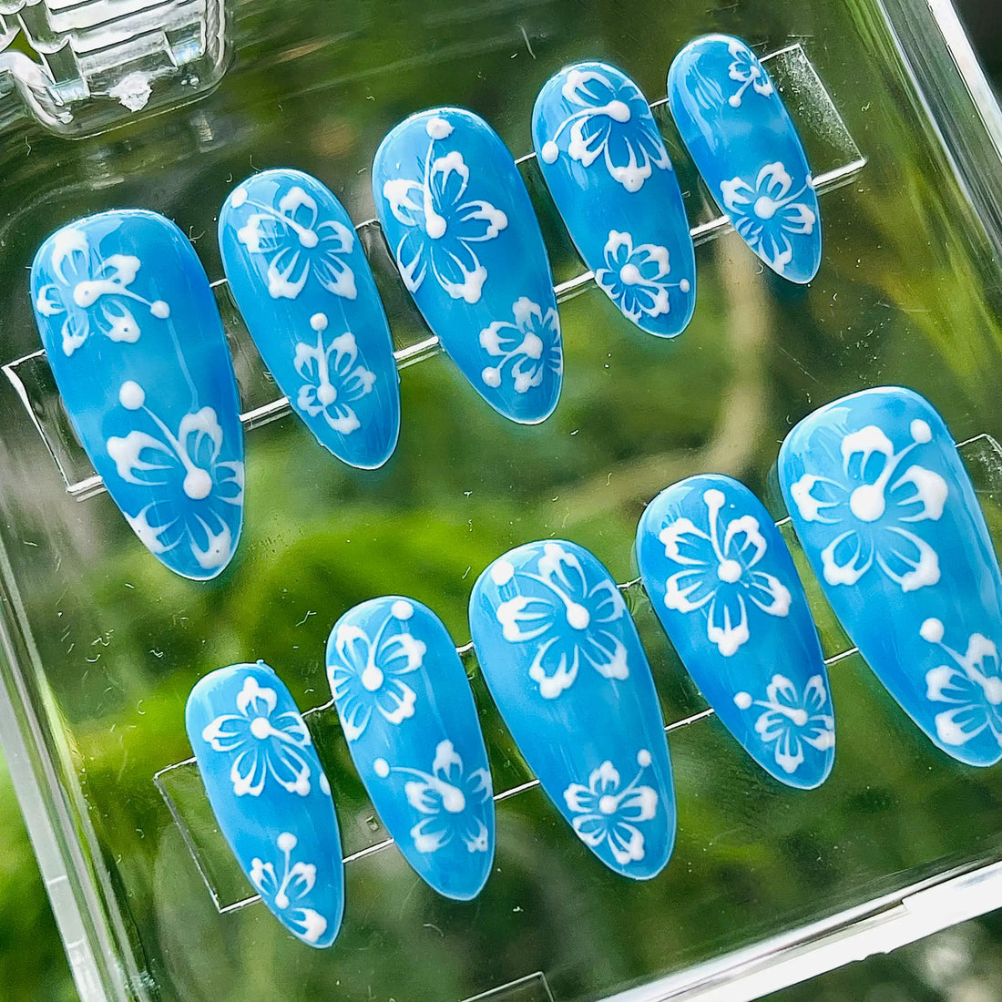 Handmade Hawaiian Blue White Floral Tropical Summer Flower Press on Nails N65