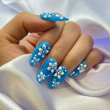 Handmade Hawaiian Blue White Hibiscus Flower Summer Press on Nails Z93
