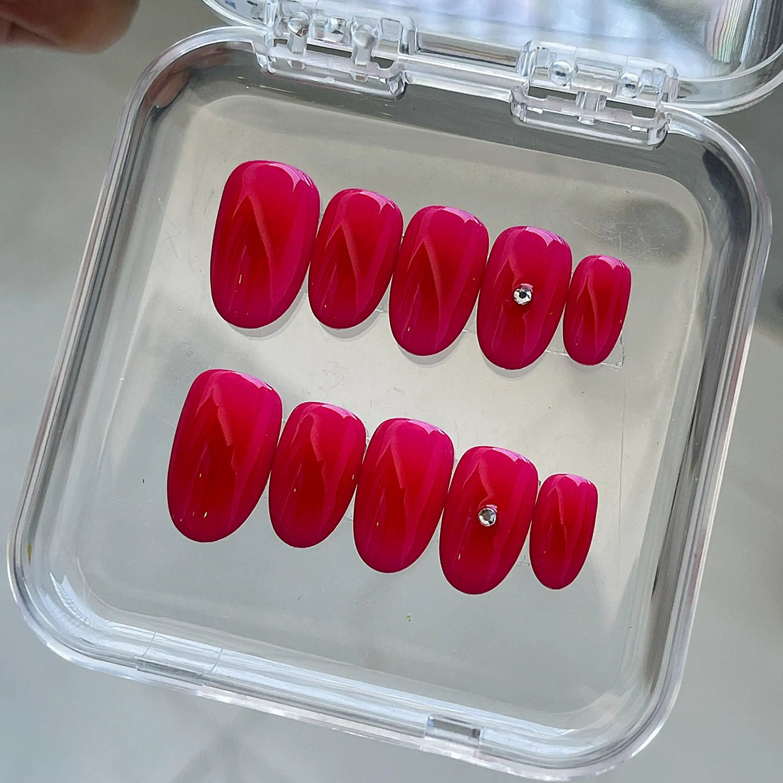 Handmade Hot Pink Jelly Vibrant Modern Rhinestone Press on Nails P66