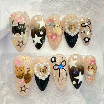 Handmade Kawaii Cute Cat Glitter Star Animal Press on Nails X57