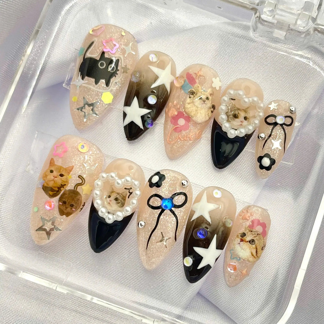 Handmade Kawaii Cute Cat Glitter Star Animal Press on Nails X57