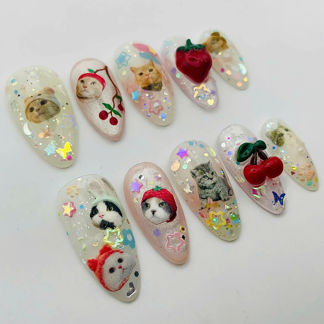 Handmade Kawaii Cute Cat Kitten Glitter Fruit Animal Press on Nails R31