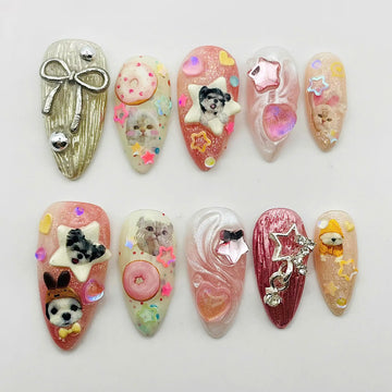 Handmade Kawaii Cute Cats Dogs Animal Glitter Star Press on Nails R19