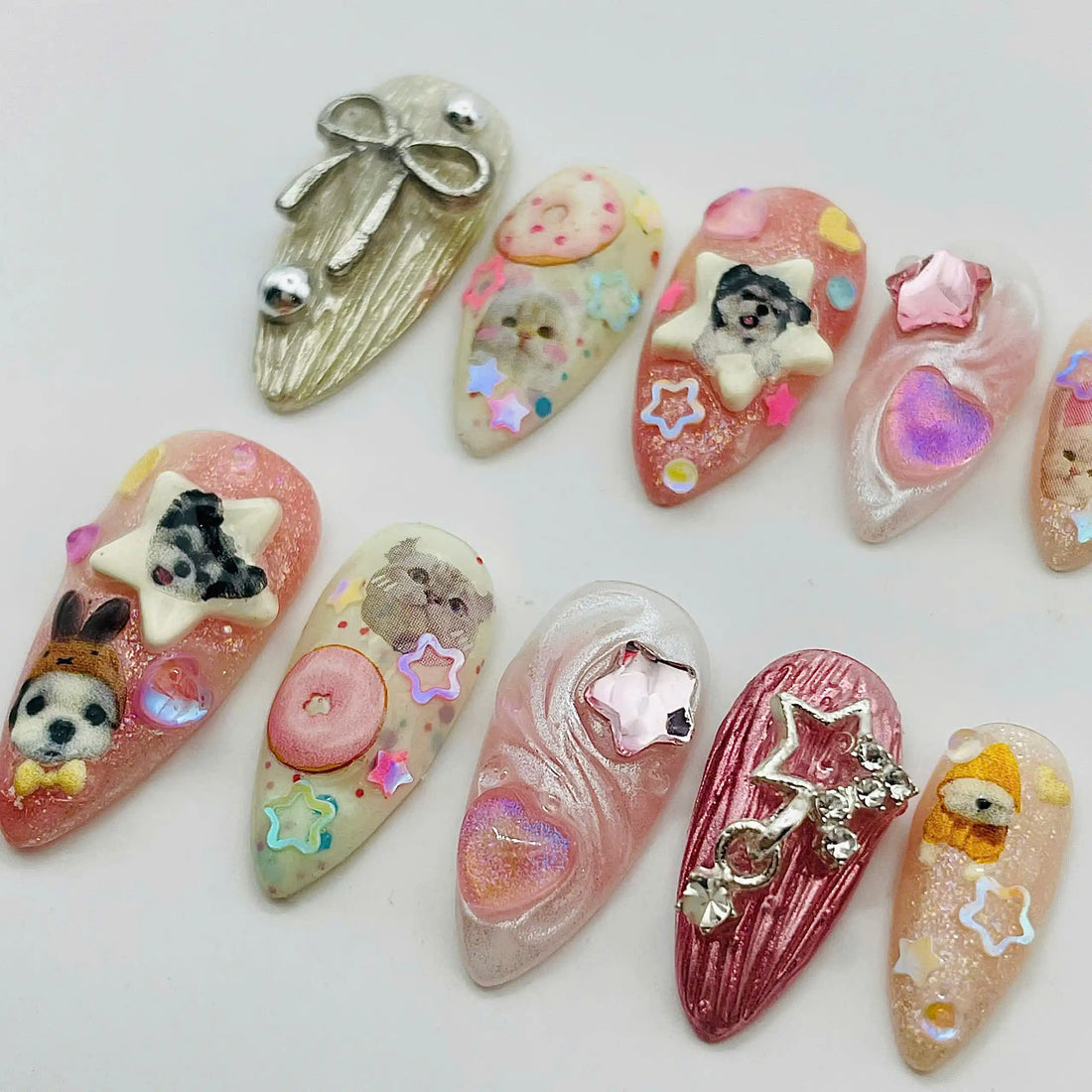Handmade Kawaii Cute Cats Dogs Animal Glitter Star Press on Nails R19