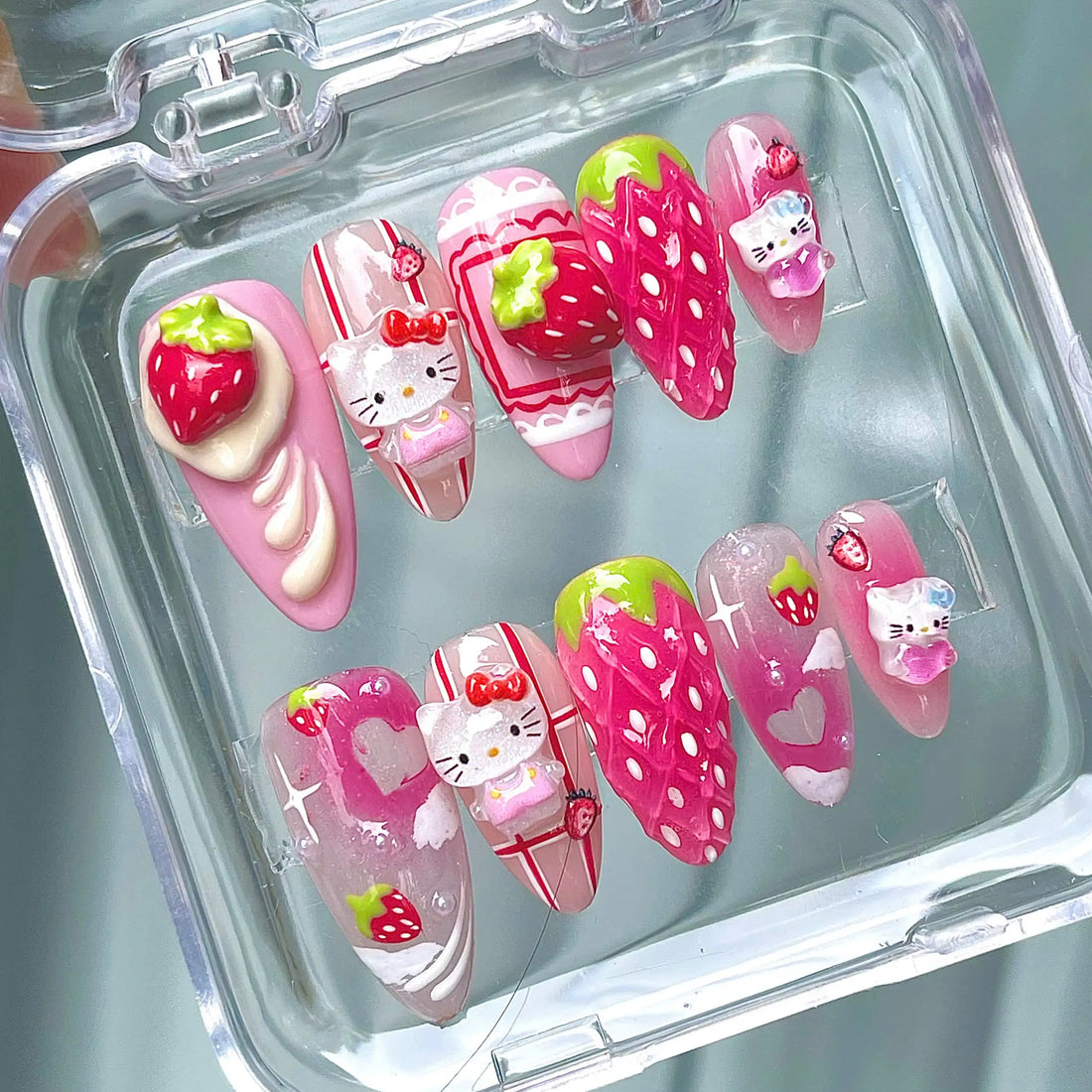 Handmade Kawaii Cute Strawberry Kitty 3D Fruit Pink Press on Nails Y32