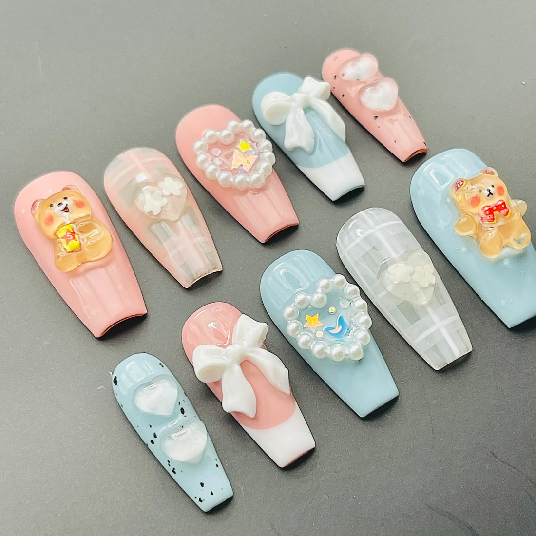 Handmade Kawaii Teddy Bear Bow Heart Pastel Press on Nails H70
