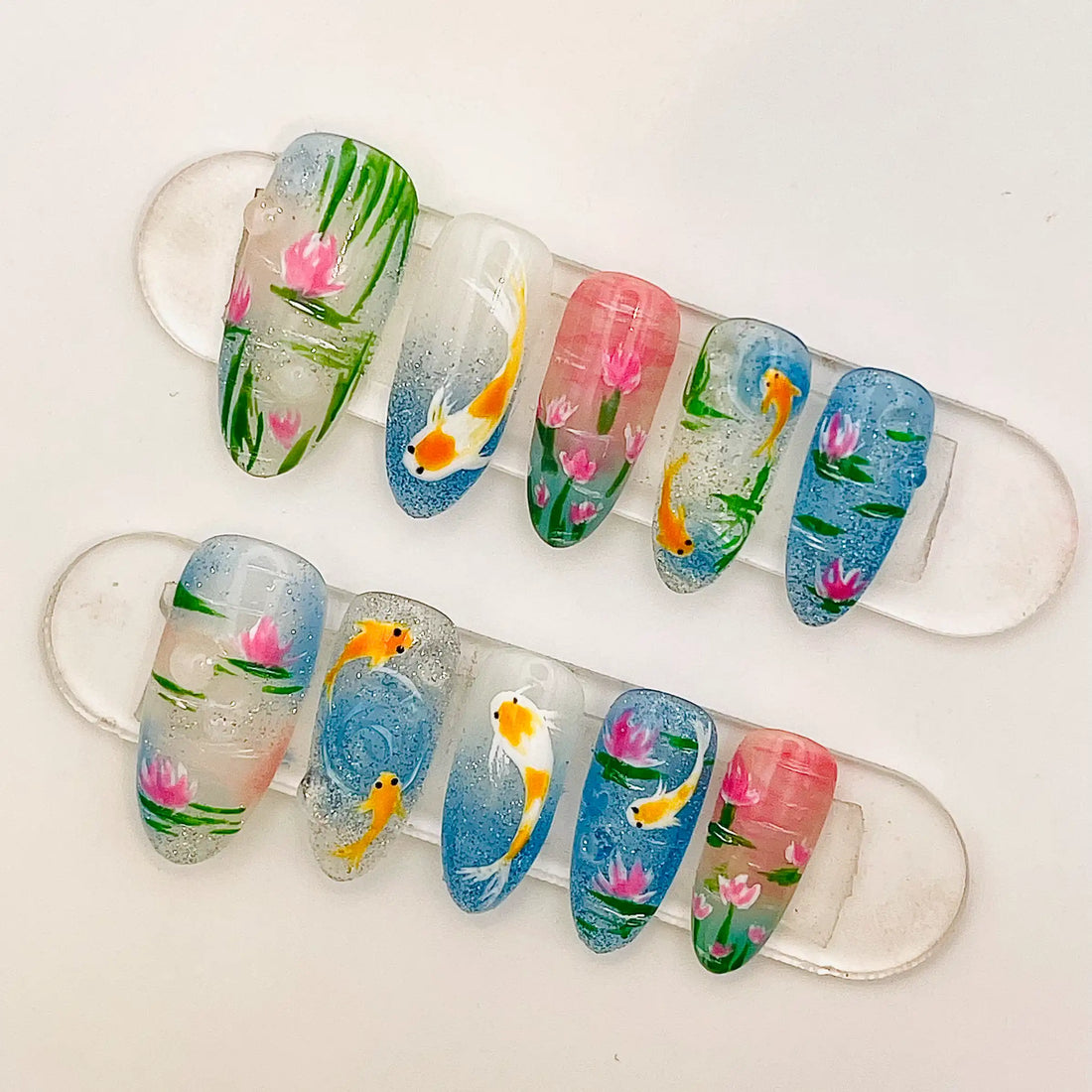 Handmade Koi Fish Lotus Pond Floral Japanese Art Press on Nails N54