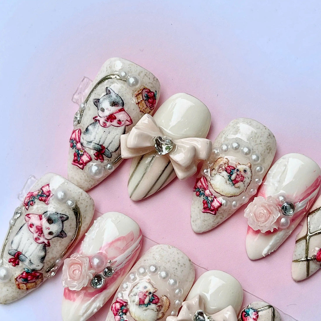 Handmade Lady Cat Pink Rose Bow Pearl Elegant Press on Nails F20