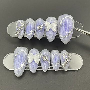 Handmade Lavender Purple Star Moon Bow Glitter Celestial Press on Nails U70