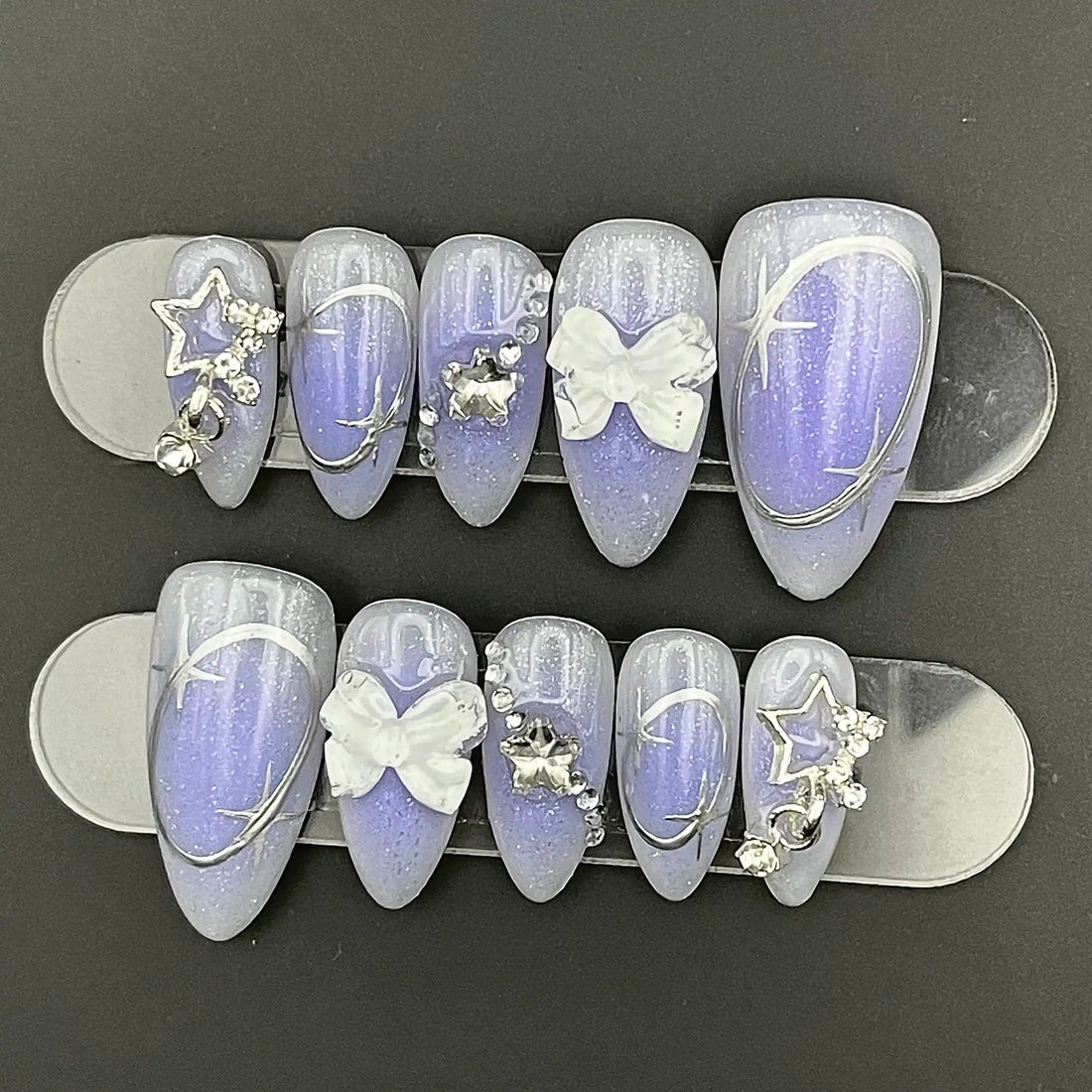 Handmade Lavender Purple Star Moon Bow Glitter Celestial Press on Nails U70