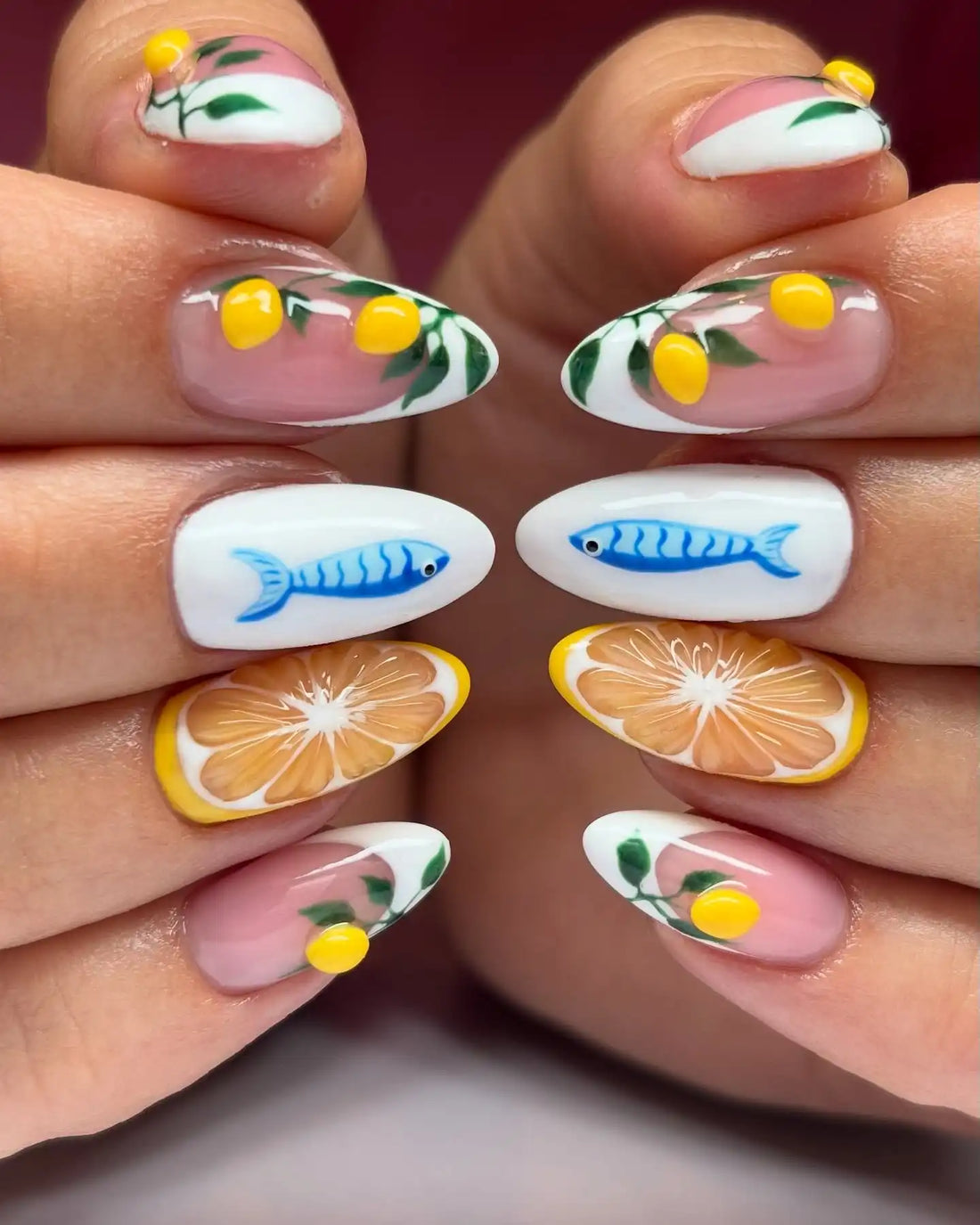 Handmade Lemon Orange Fish Summer Fruit Press on Nails V49