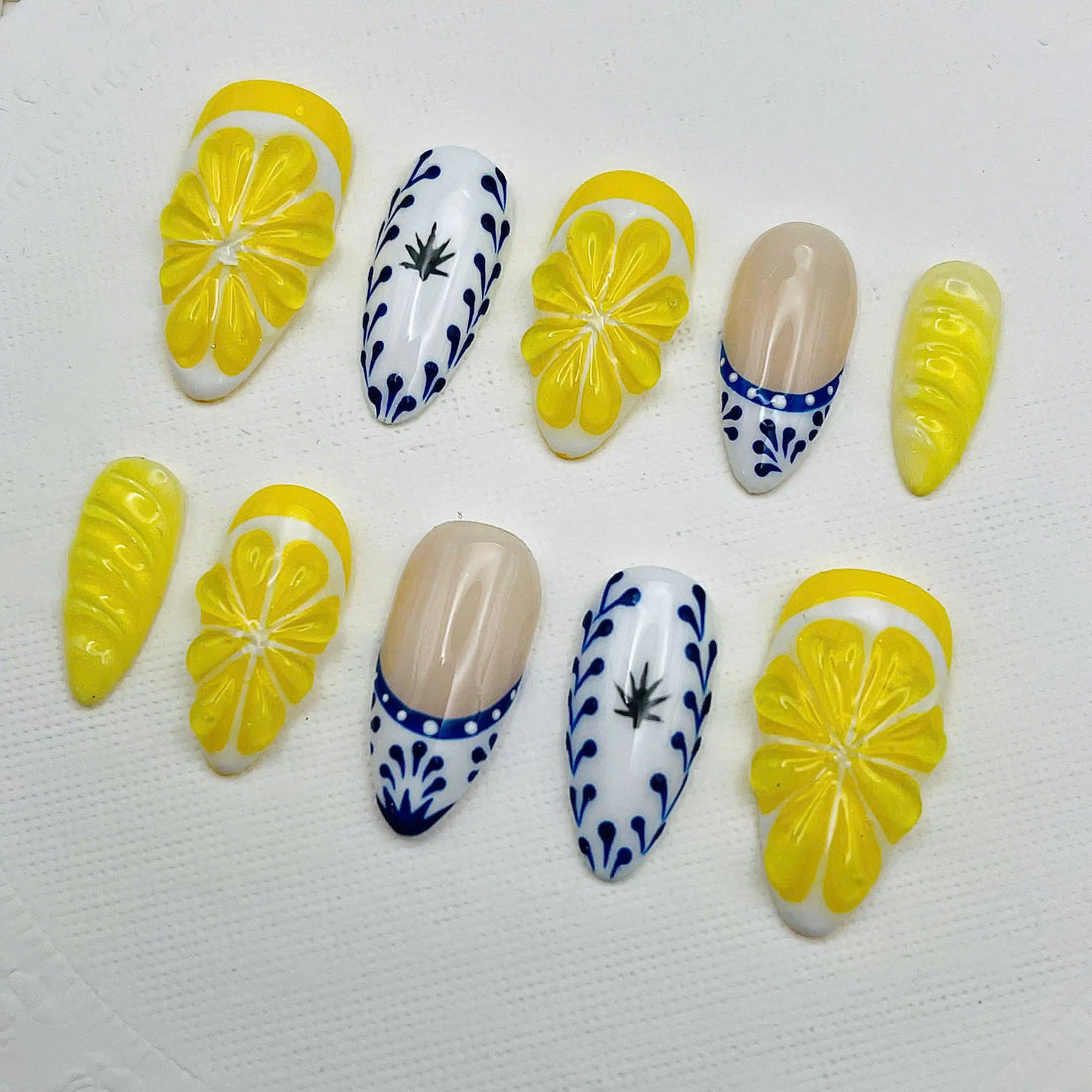 Handmade Lemon Yellow Blue Tile Citrus Summer 3D Press on Nails W42
