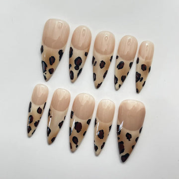 Handmade Leopard Animal Print Nude French Tip Chic Trendy Press on Nails Z46