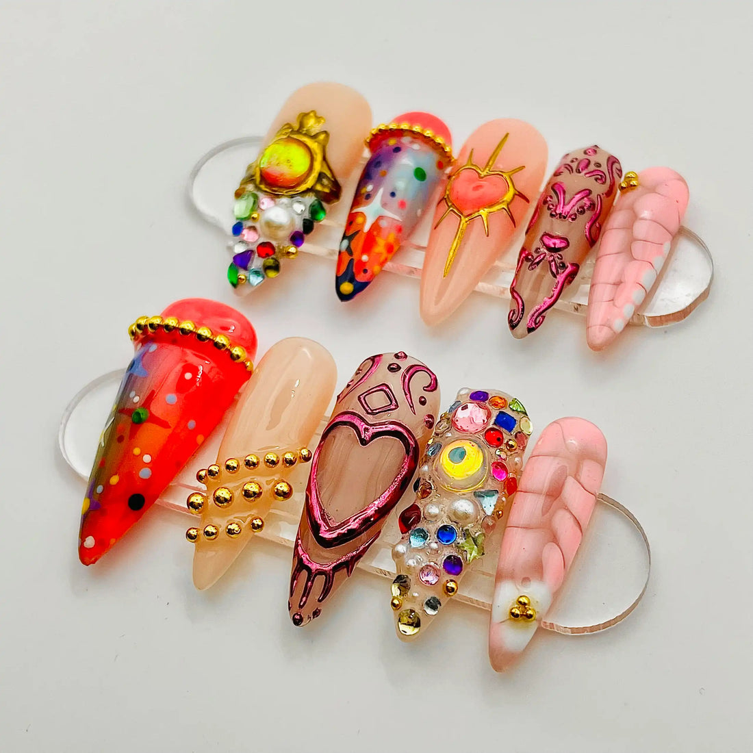 Handmade Luxury Gold Gemstone Heart Rhinestone Statement Press on Nails G13