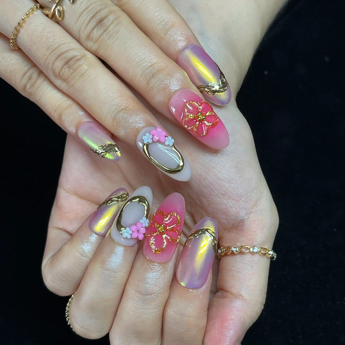 Handmade Luxury Gold Pink 3D Flower Iridescent Unique Press on Nails X10
