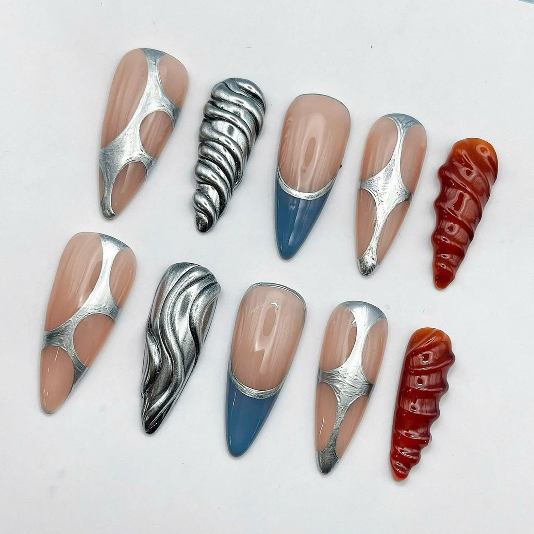 Handmade Metallic Silver 3D Abstract Futuristic Press on Nails N60