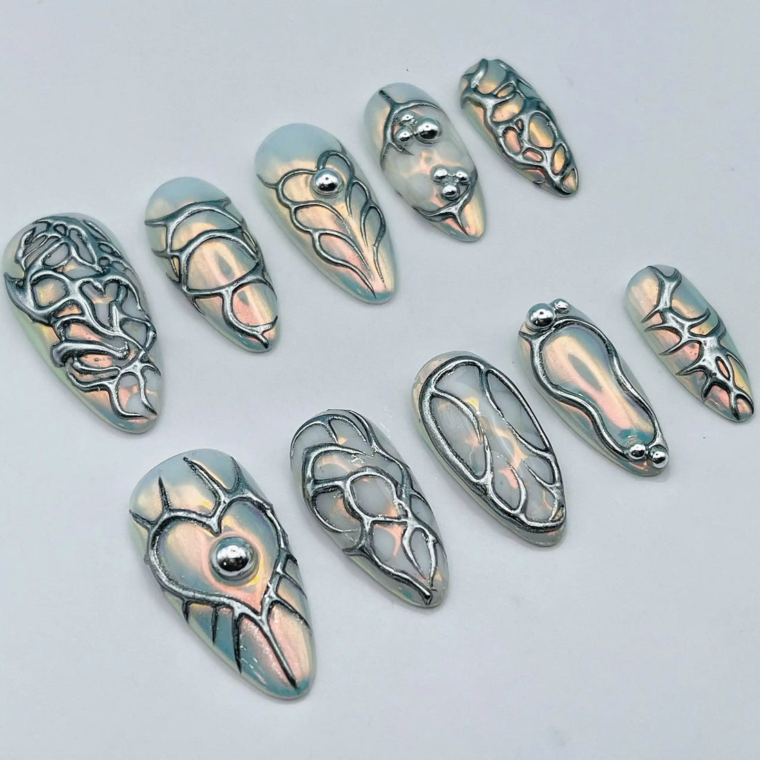 Handmade Metallic Silver 3D Iridescent Abstract Press on Nails C22
