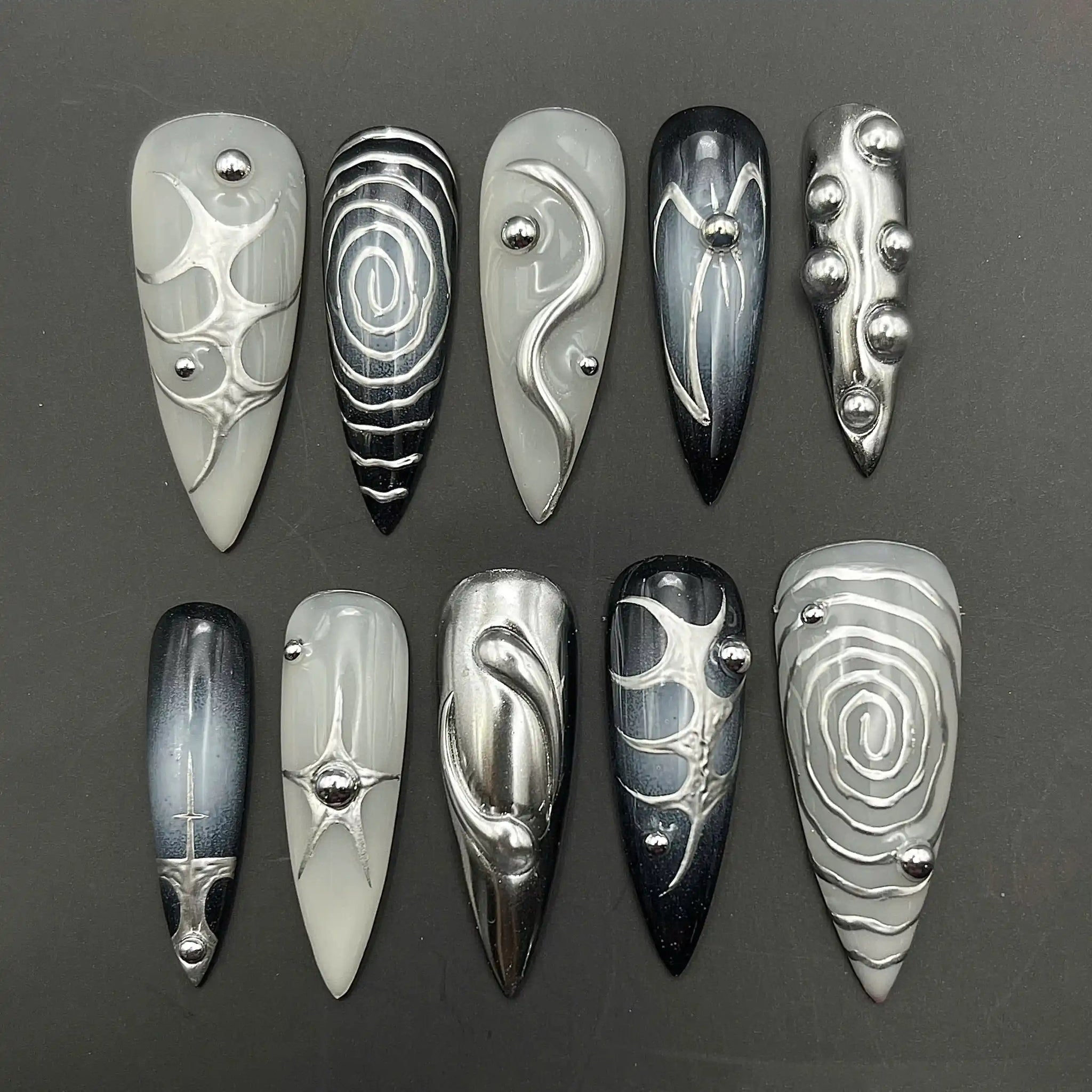 Handmade Metallic Silver 3D Y2K Abstract Press on Nails Q43