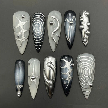 Handmade Metallic Silver 3D Y2K Abstract Press on Nails Q43