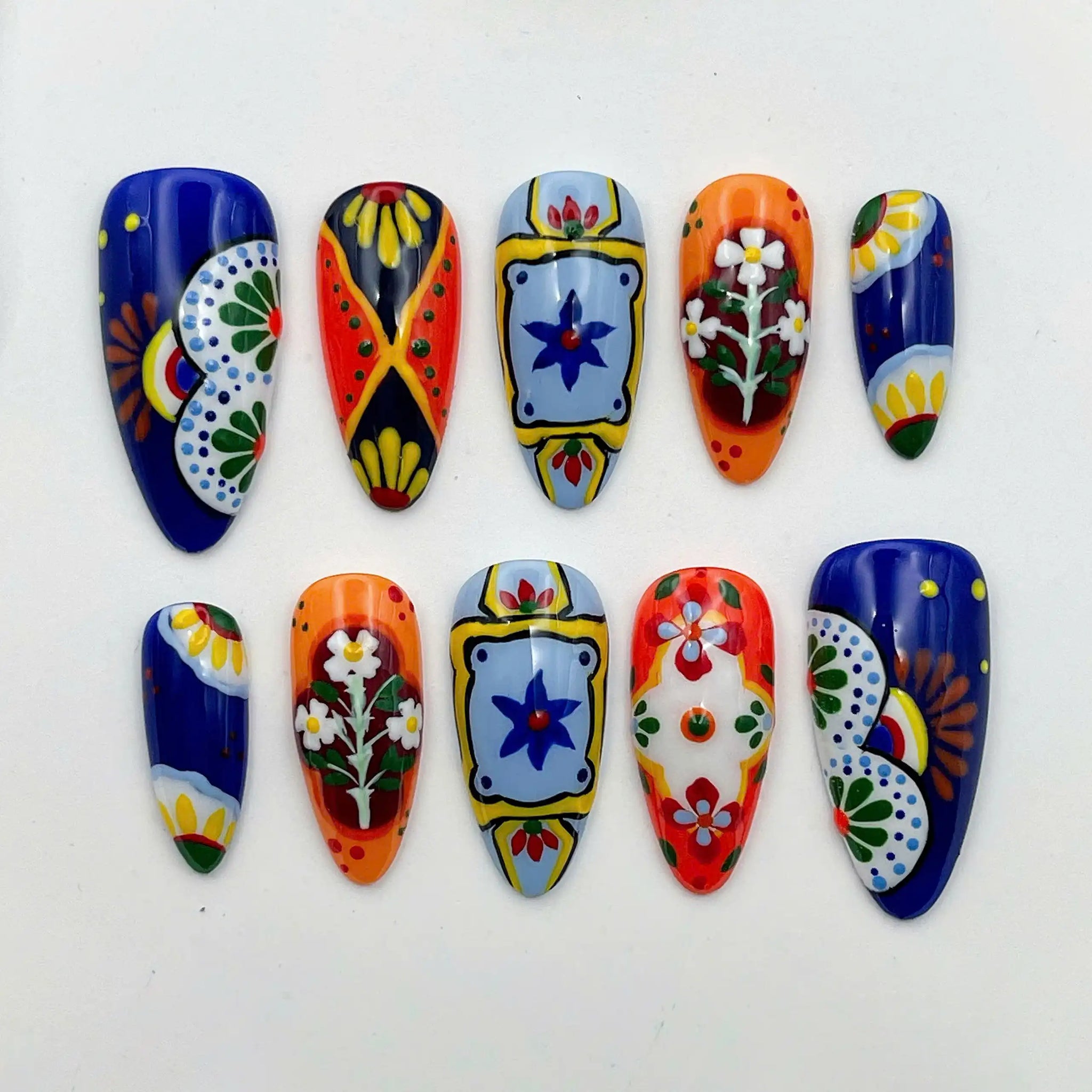 Handmade Mexican Tile Art Talavera Vibrant Colorful Fake Nails Y44