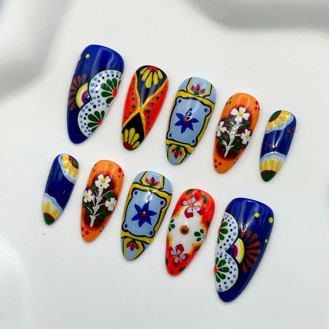 Handmade Mexican Tile Art Talavera Vibrant Colorful Fake Nails Y44