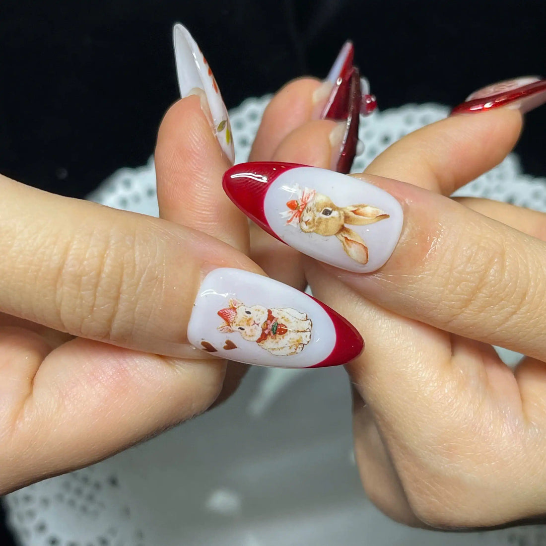 Handmade Mushroom Rabbit Cat Eye Red Glitter Autumn Press on Nails Y59