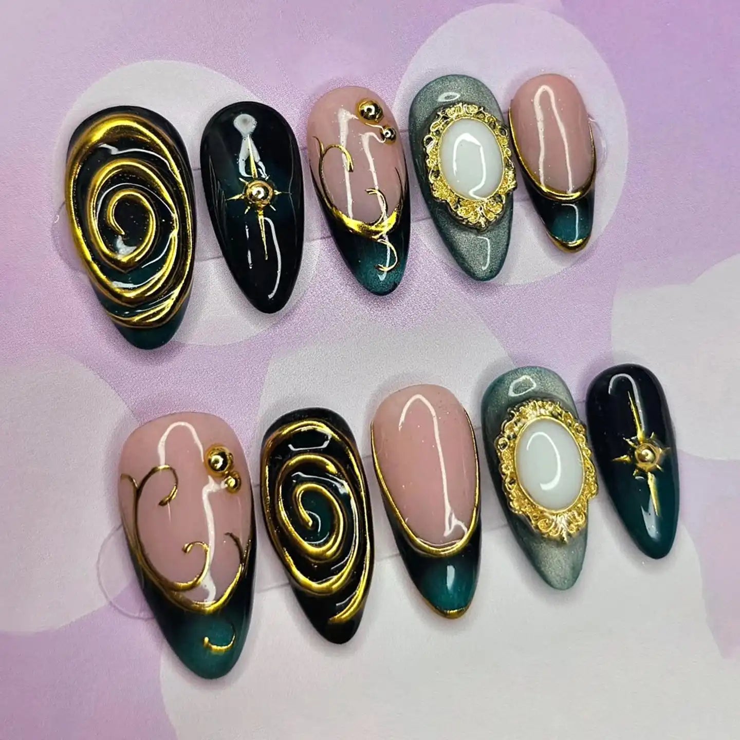 Handmade Mystical Gold 3D Elegant Ancient Press on Nails C56