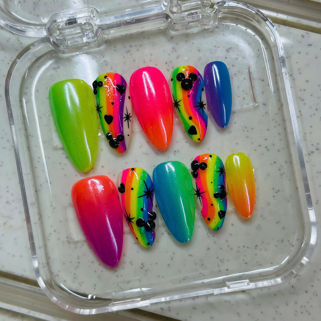 Handmade Neon Rainbow Vibrant Colorful Star Heart Press on Nails Y18