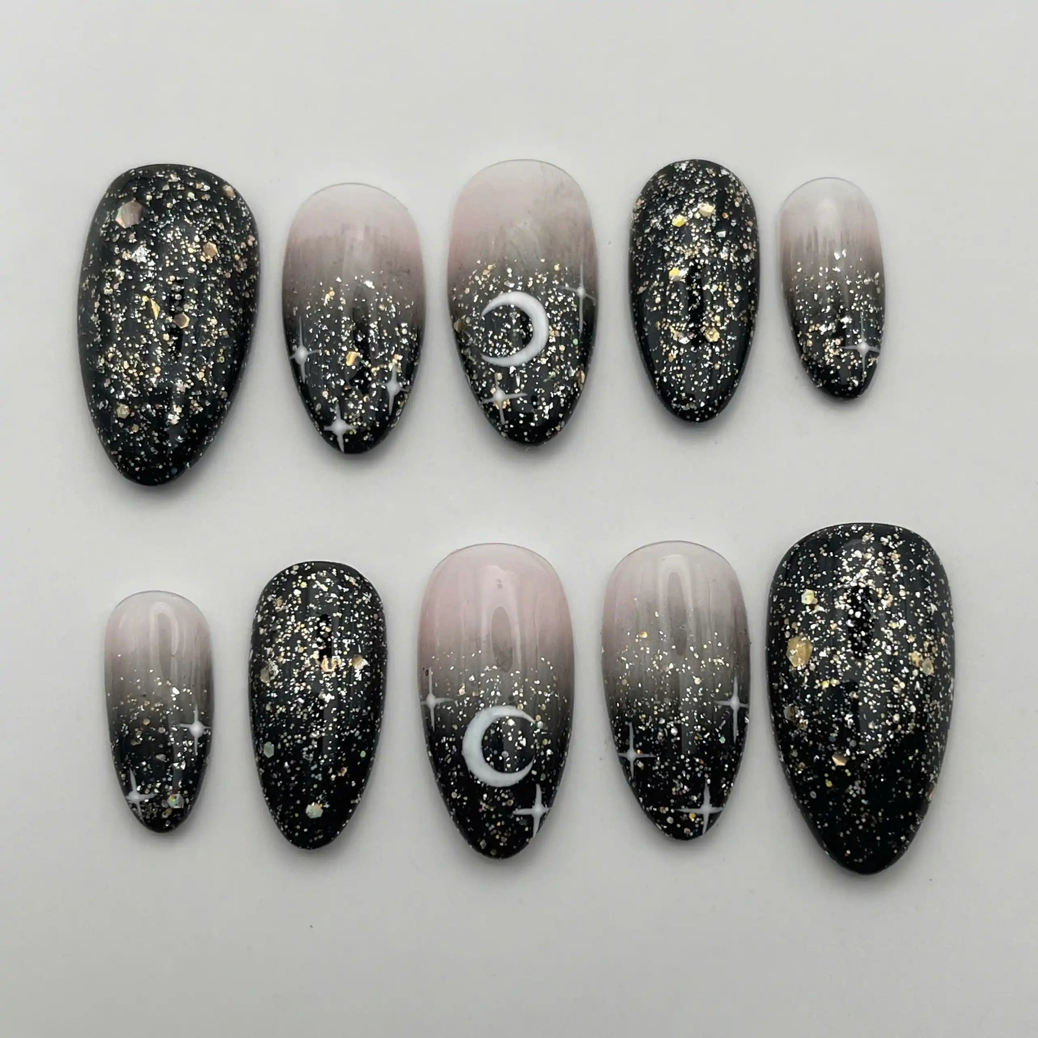 Handmade Night Sky Moon Star Glitter Black Celestial Press on Nails Y60