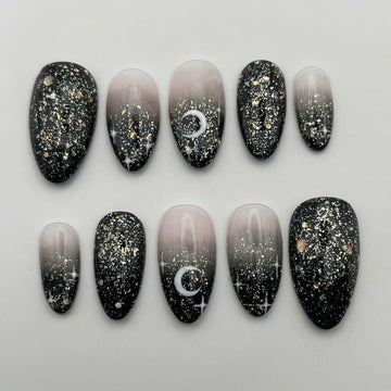 Handmade Night Sky Moon Star Glitter Black Celestial Press on Nails Y60