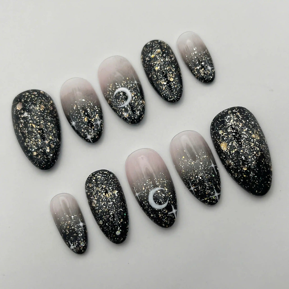 Handmade Night Sky Moon Star Glitter Black Celestial Press on Nails Y60