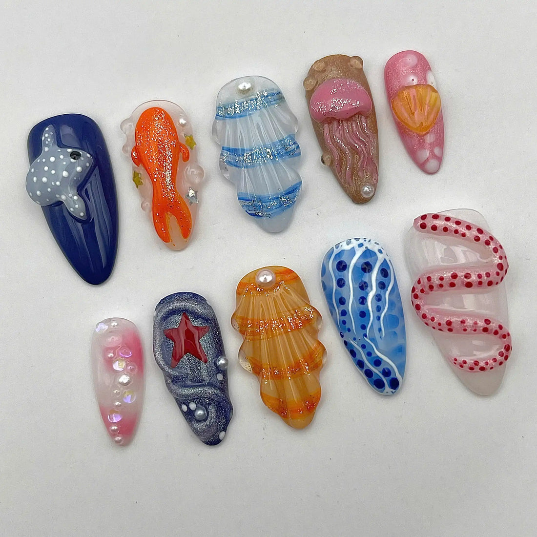 Handmade Ocean 3D Fish Jellyfish Seashell Colorful Press on Nails S10