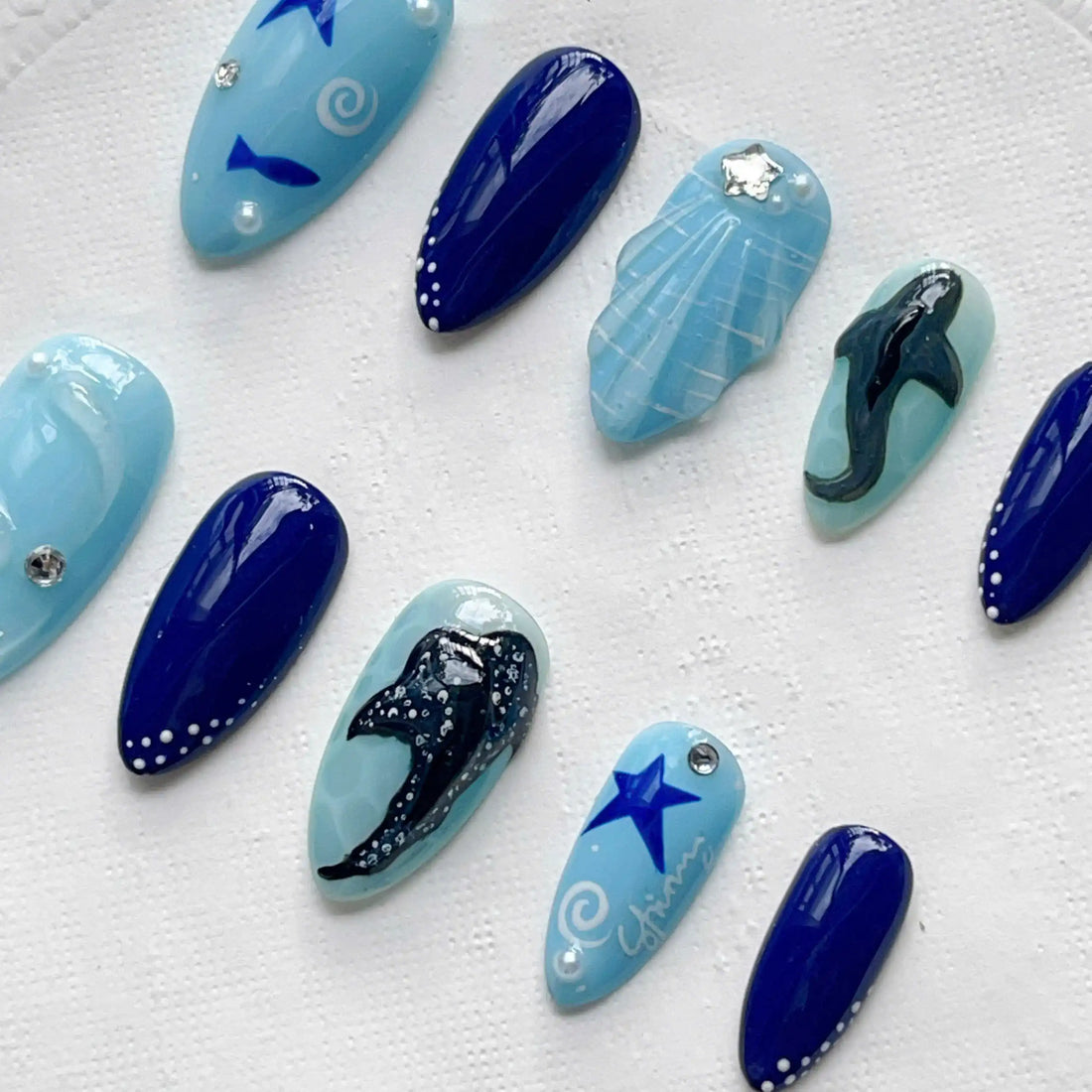 Handmade Ocean Blue Whale Starfish Seashell Press on Nails Y62