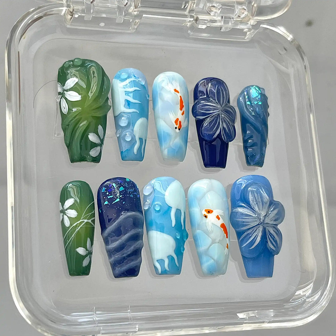 Handmade Ocean Koi Fish Jellyfish Flower Nature Press on Nails E92