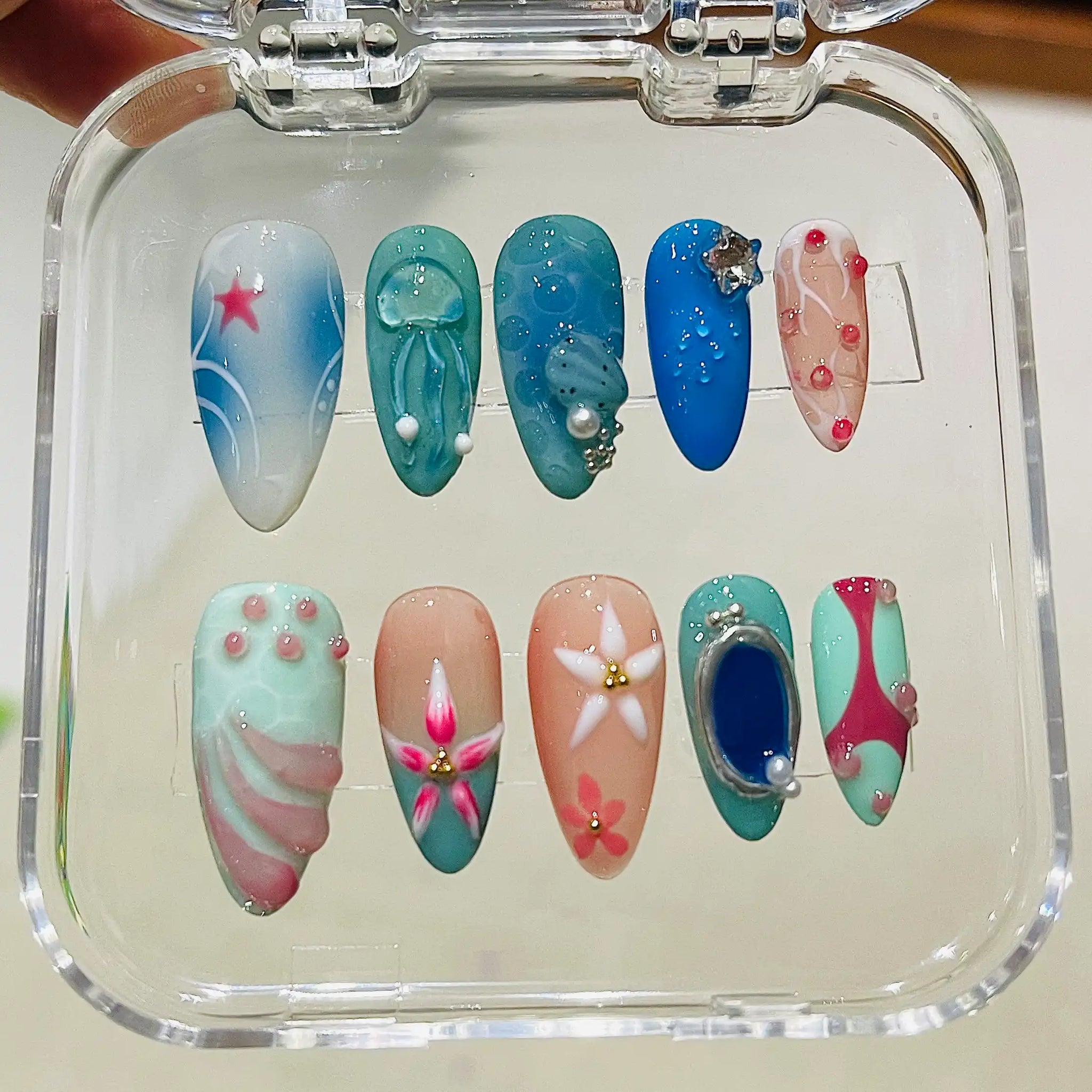 Handmade Ocean Mermaid 3D Starfish Jellyfish Seashell Press on Nails K08