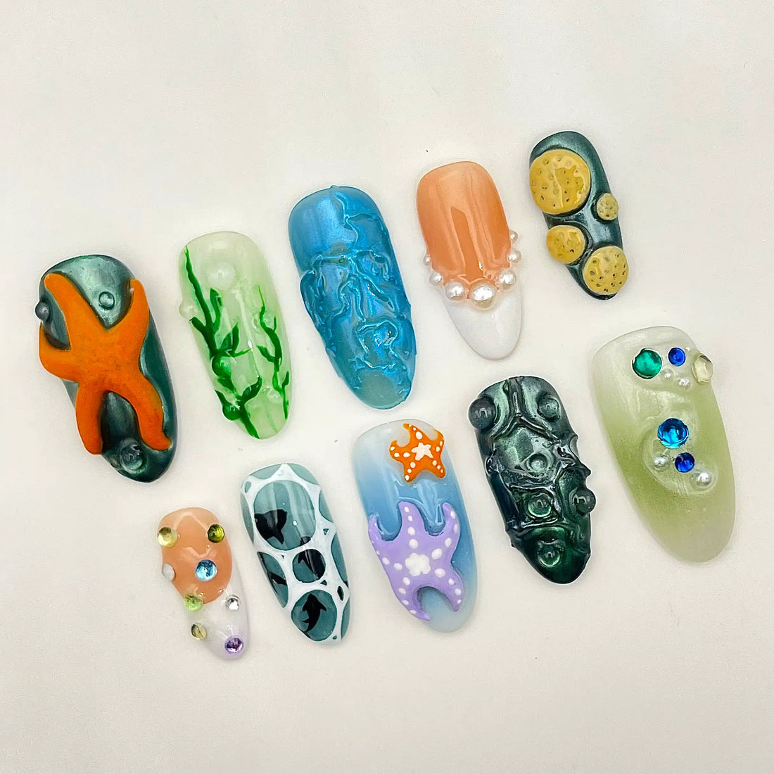 Handmade Ocean Seaweed Starfish Jellyfish Mermaid Press on Nails F67