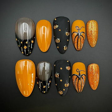 Handmade Orange Black Gold Pumpkin Autumn Halloween Press on Nails T63