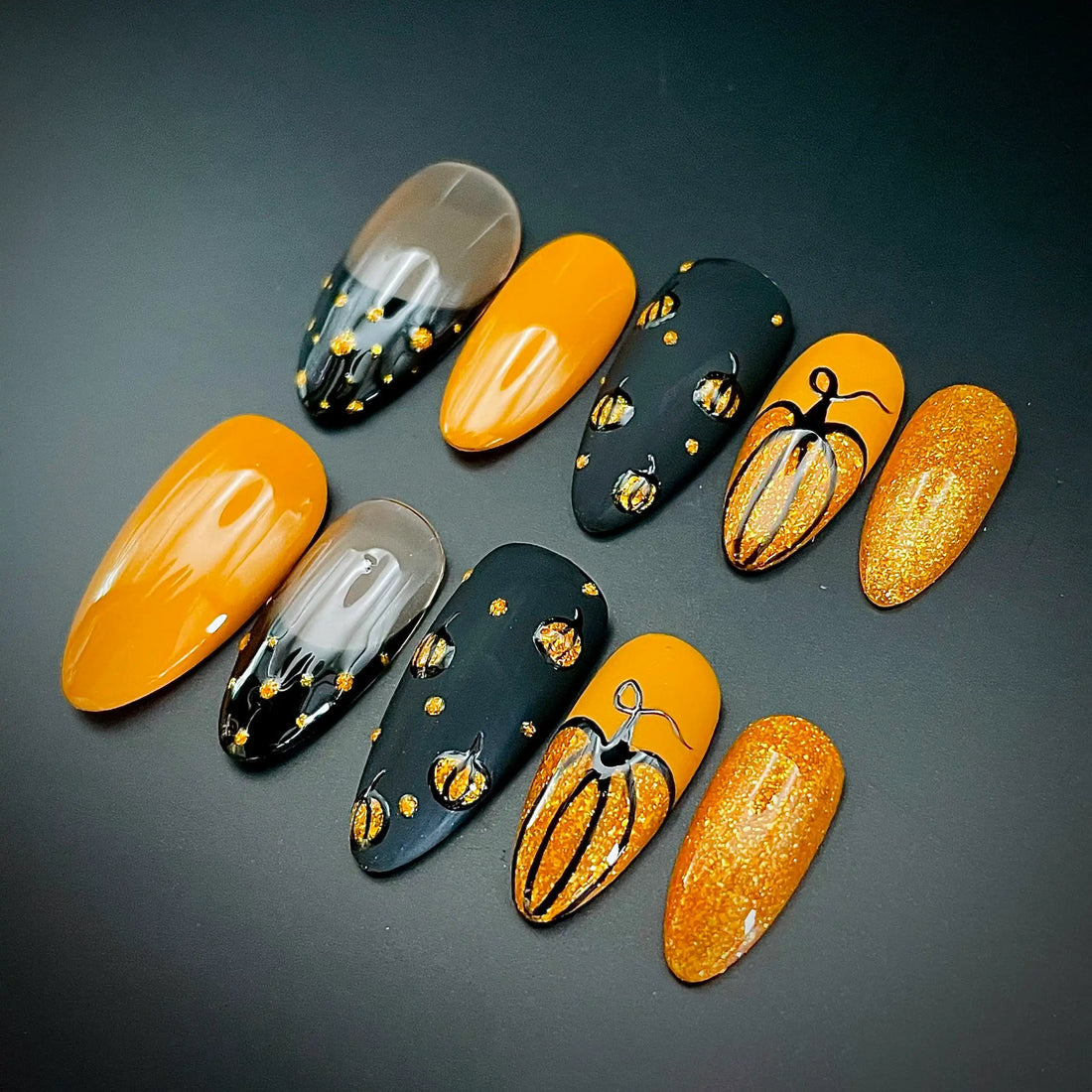 Handmade Orange Black Gold Pumpkin Autumn Halloween Press on Nails T63