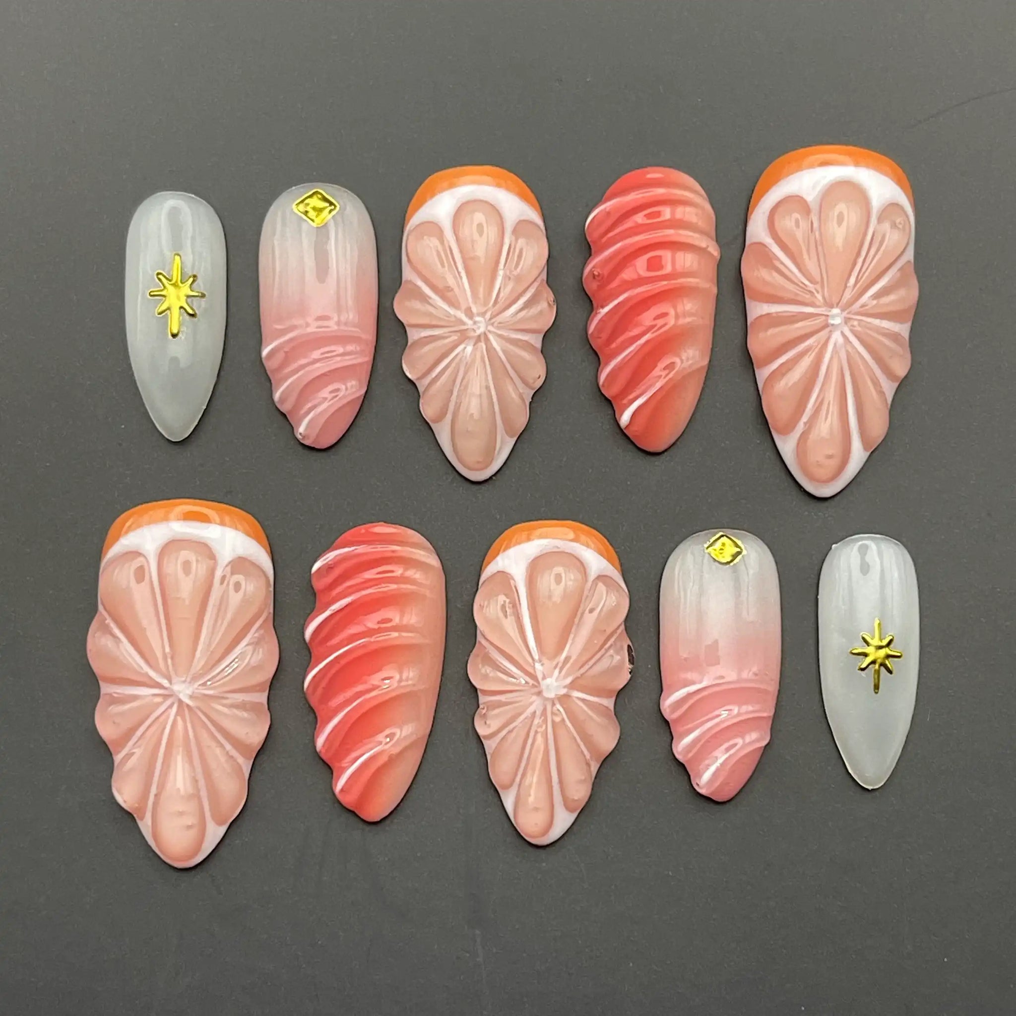 Handmade Orange Pink Citrus Fruit 3D Summer Star Press on Nails M01